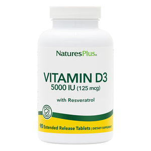 Frontal product image of Vitamin D3 5000 IU with 25 mg Resveratrol Extended Release Tablets containing 90 Count