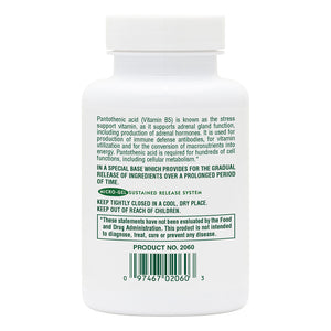 Second side product image of Pantothenic Acid 1000 mg Sustained Release Tablets containing 60 Count
