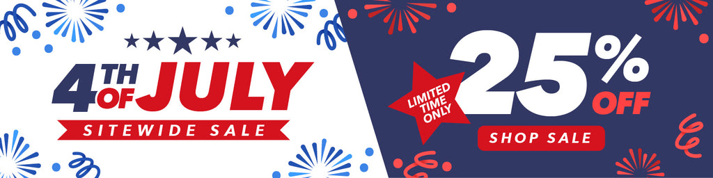 Patriotic 4th of July banner advertising a sitewide sale with 25% off for a limited time and a “Shop Sale” button.