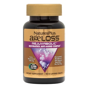 Frontal product image of AgeLoss® Resveratrol Anti-Aging Complex Bi-Layered Tablets containing 90 Count