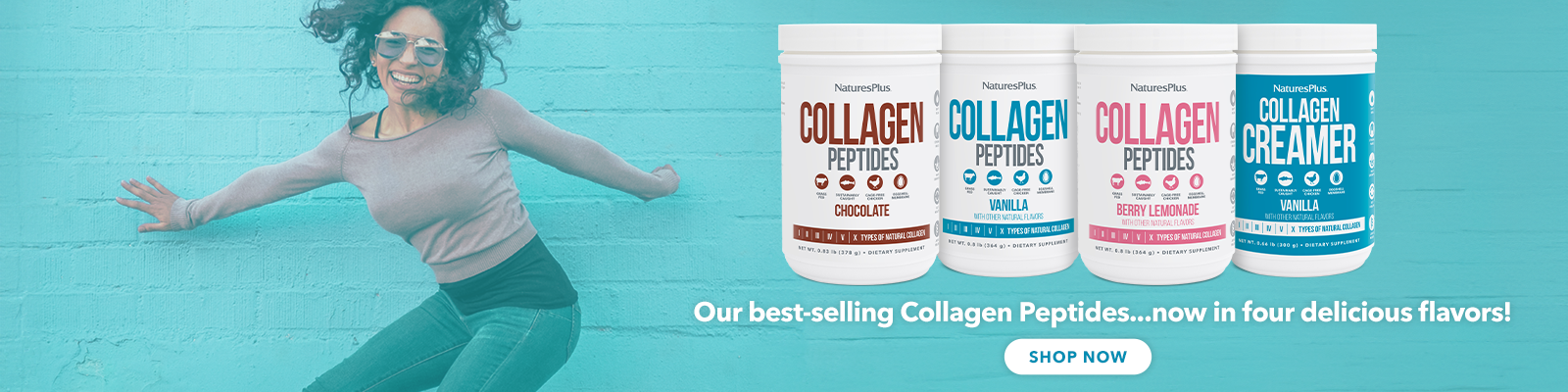lady jumping next to a brick wall. naturesplus collagen products on the right. text under the products - Our best selling collagen peptides... now in four delicious flavors. 