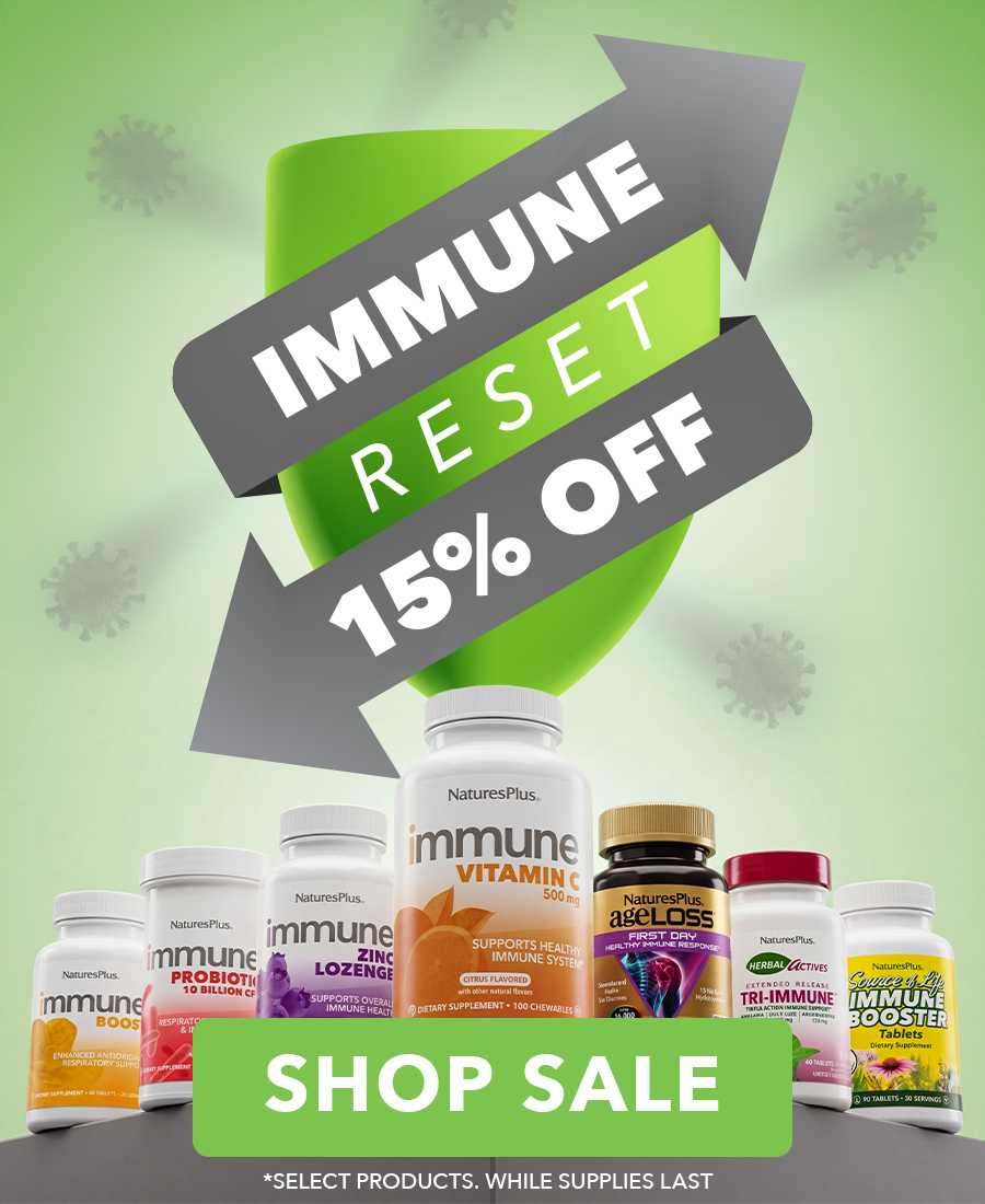 Green Immune Reset banner promoting 15% off select immune support products, featuring a variety of NaturesPlus immune supplements.