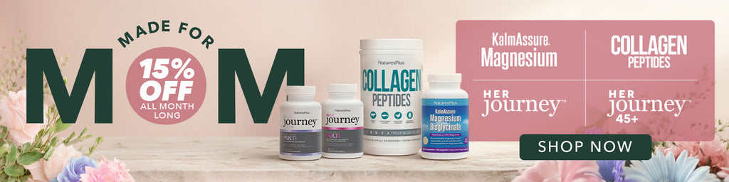 NaturesPlus women’s wellness supplements, including collagen peptides and magnesium, featured in a Mother’s Day month-long promotion banner with a soft floral background.