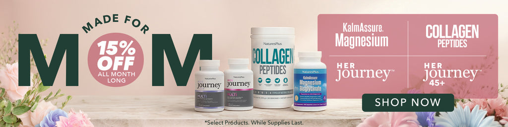 NaturesPlus women’s wellness supplements, including collagen peptides and magnesium, featured in a Mother’s Day month-long promotion banner with a soft floral background.