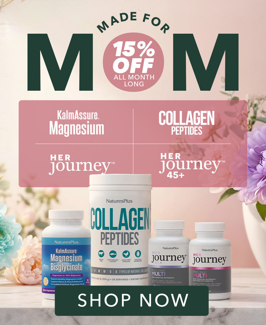 NaturesPlus women’s wellness supplements, including collagen peptides and magnesium, featured in a Mother’s Day month-long promotion banner with a soft floral background.
