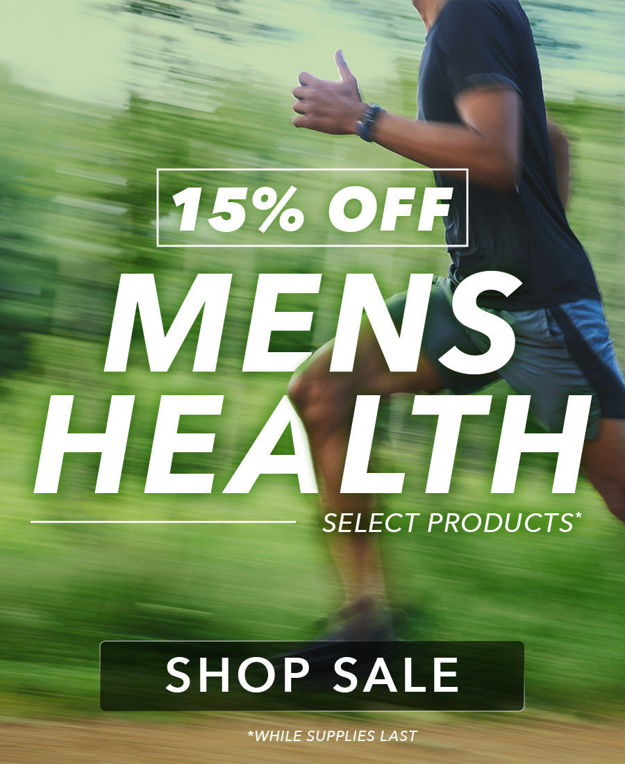NaturesPlus men’s health sale banner featuring a man running outdoors and 15% off select products promotion.