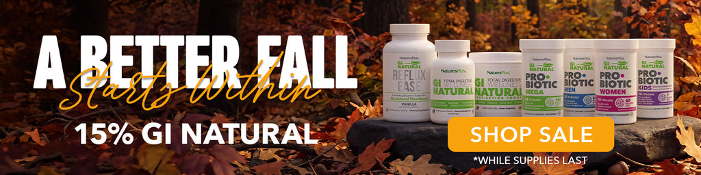 Fall-themed banner featuring probiotics, autumn leaves, and messaging promoting 15% off GI Natural products.