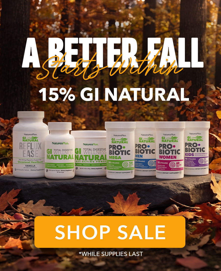 Fall-themed banner featuring probiotics, autumn leaves, and messaging promoting 15% off GI Natural products.