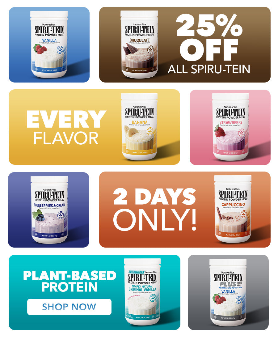 NaturesPlus Spiru-Tein plant-based protein powders featured in a promotional banner highlighting multiple flavors in a vibrant, color-blocked design.