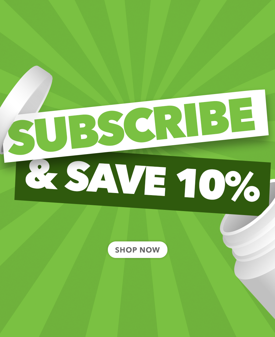 subscribe and save 10% text with open white vitamin bottle on green background