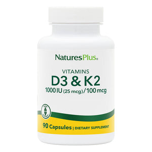 Frontal product image of Vitamin D3 1000 IU/Vitamin K2 100 mcg Capsules containing 90 Count