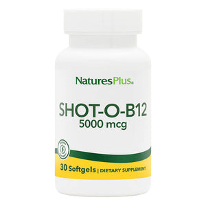 Frontal product image of Shot-O-B12® 5000 mcg Softgels containing 30 Count