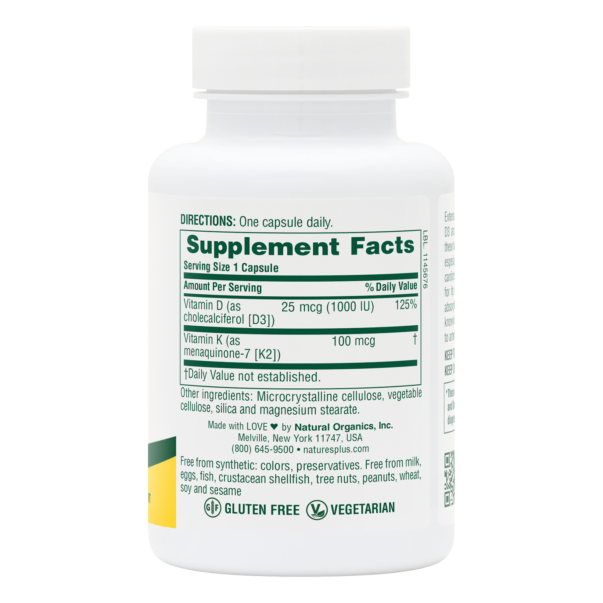Vitamin D3 1000 IU/Vitamin K2 100 mcg Capsules - 90 Count