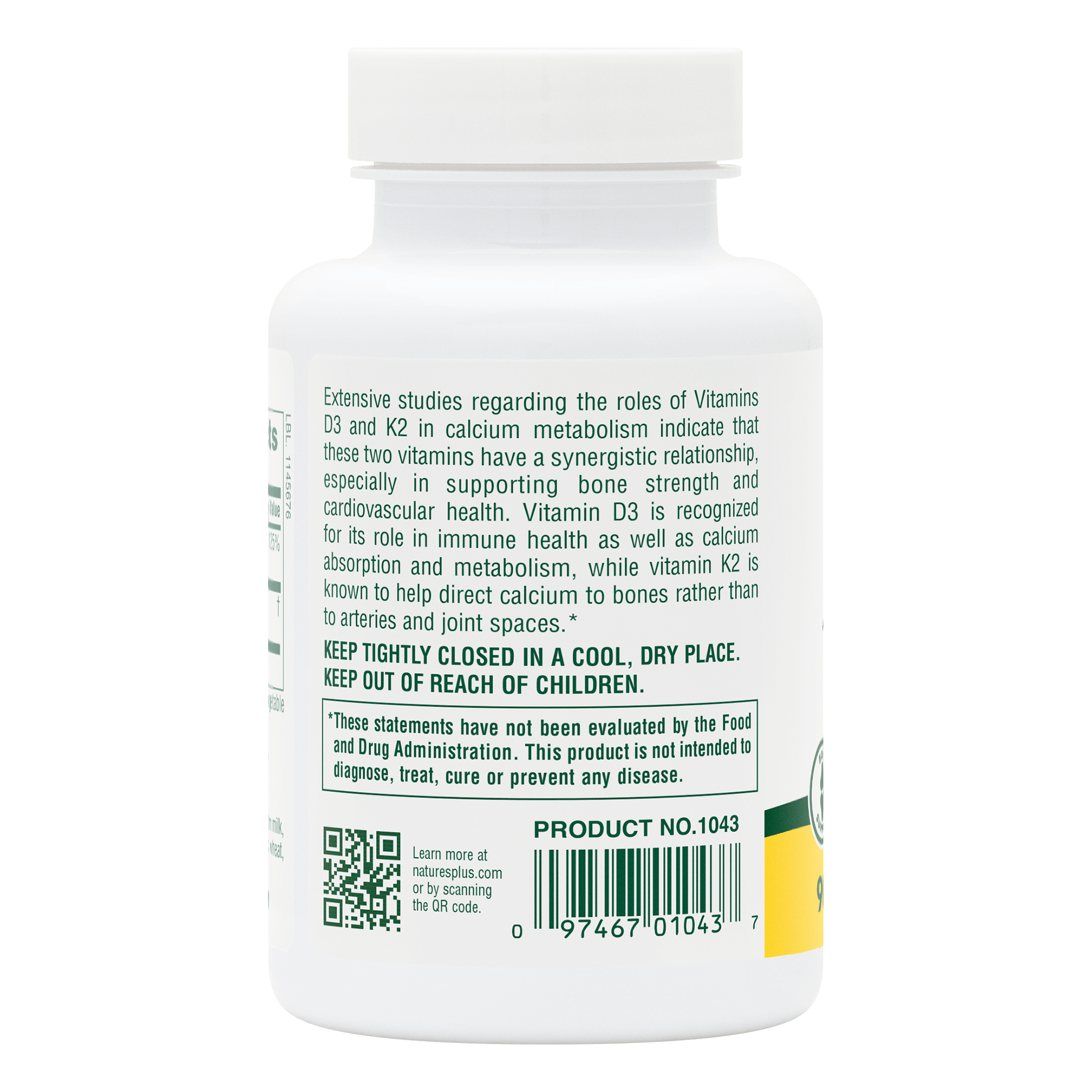 Vitamin D3 1000 IU/Vitamin K2 100 mcg Capsules - 90 Count