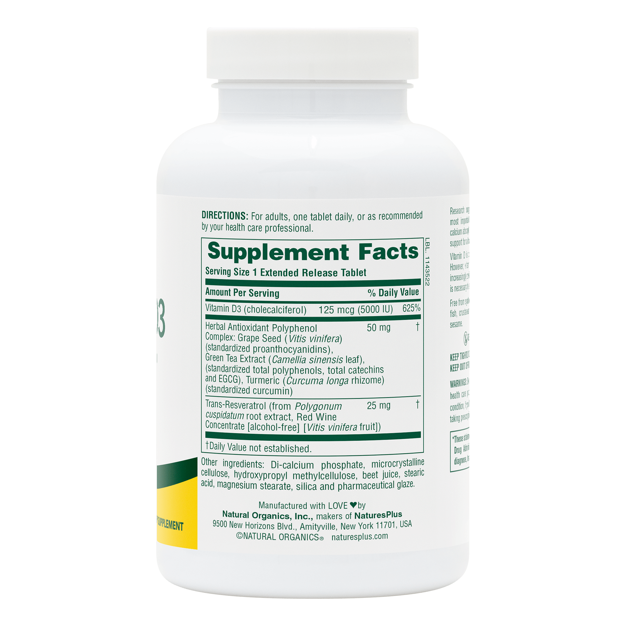 Vitamin D3 5000 IU with 25 mg Resveratrol Extended Release Tablets - 90 Count