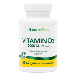Frontal product image of Vitamin D3 5000 IU Softgels containing 60 Count