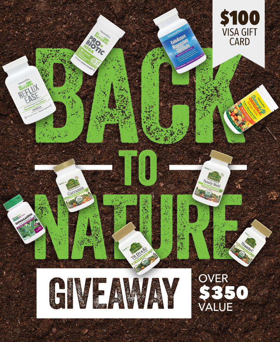 Back to Nature giveaway text overlayed with naturesplus products. 