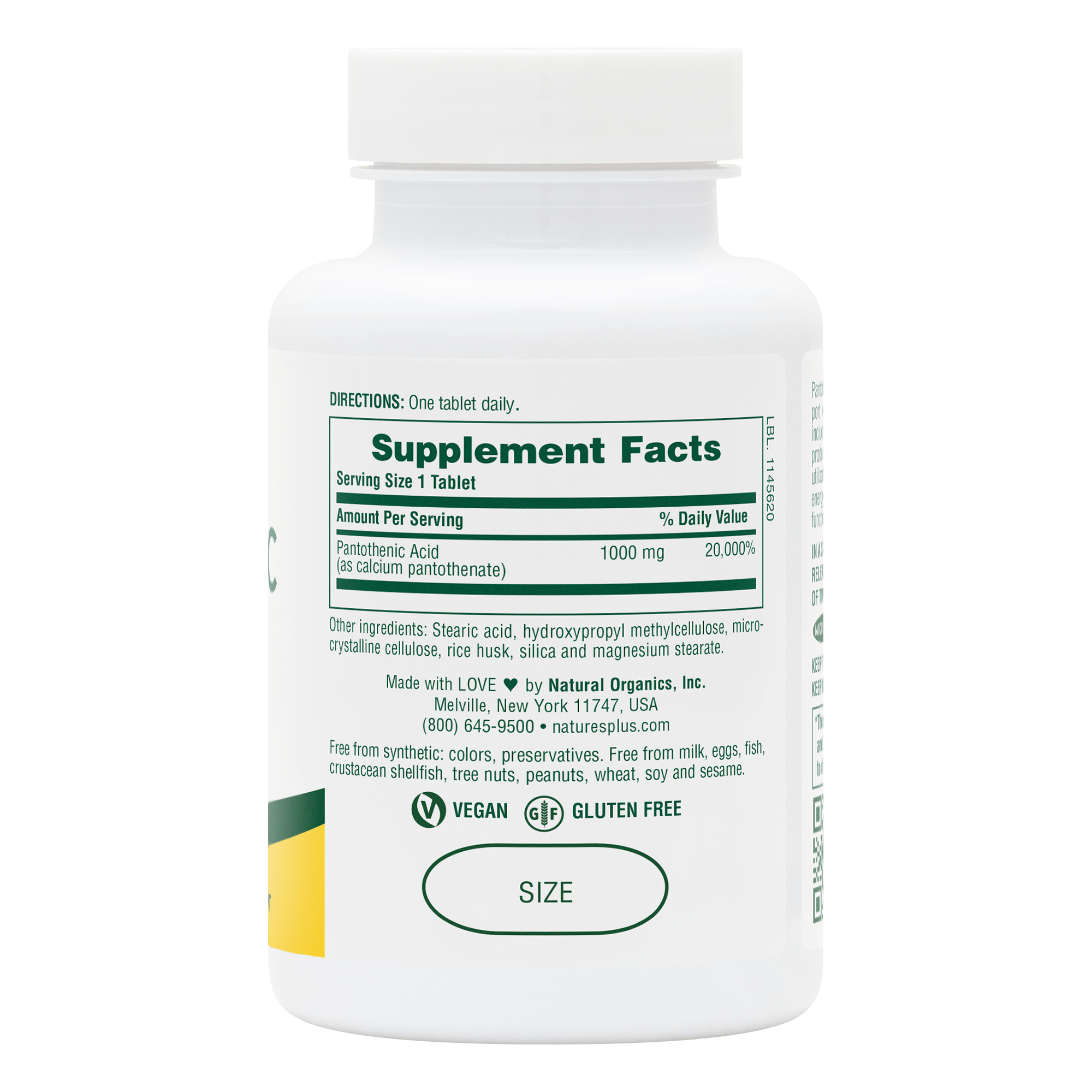 Pantothenic Acid 1000 mg Sustained Release Tablets - 60 Count