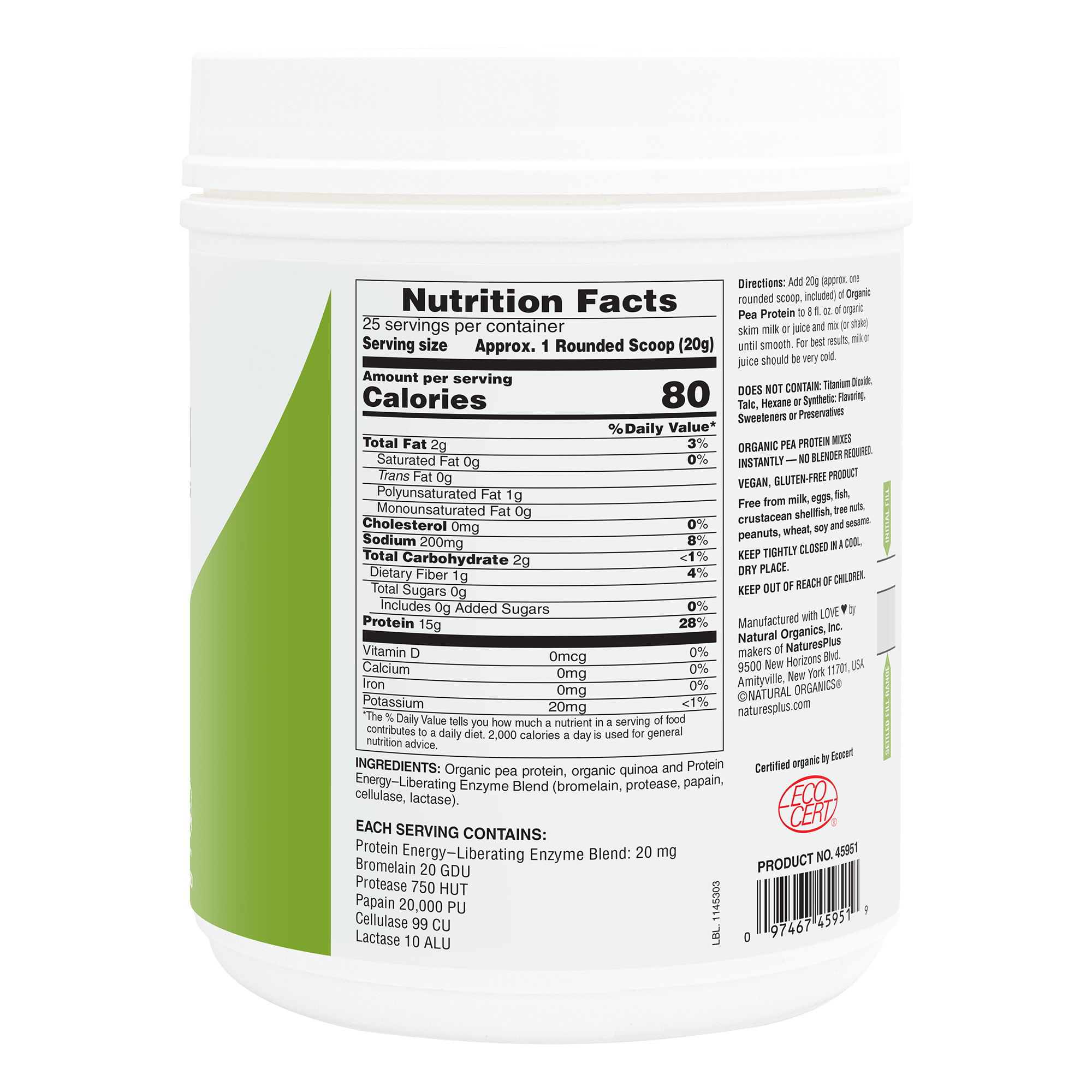 Organic Pea Protein Powder - 1.10 LB