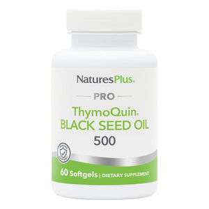 Frontal product image of NaturesPlus PRO ThymoQuin® Black Seed Oil 500 MG Softgels containing 60 Count