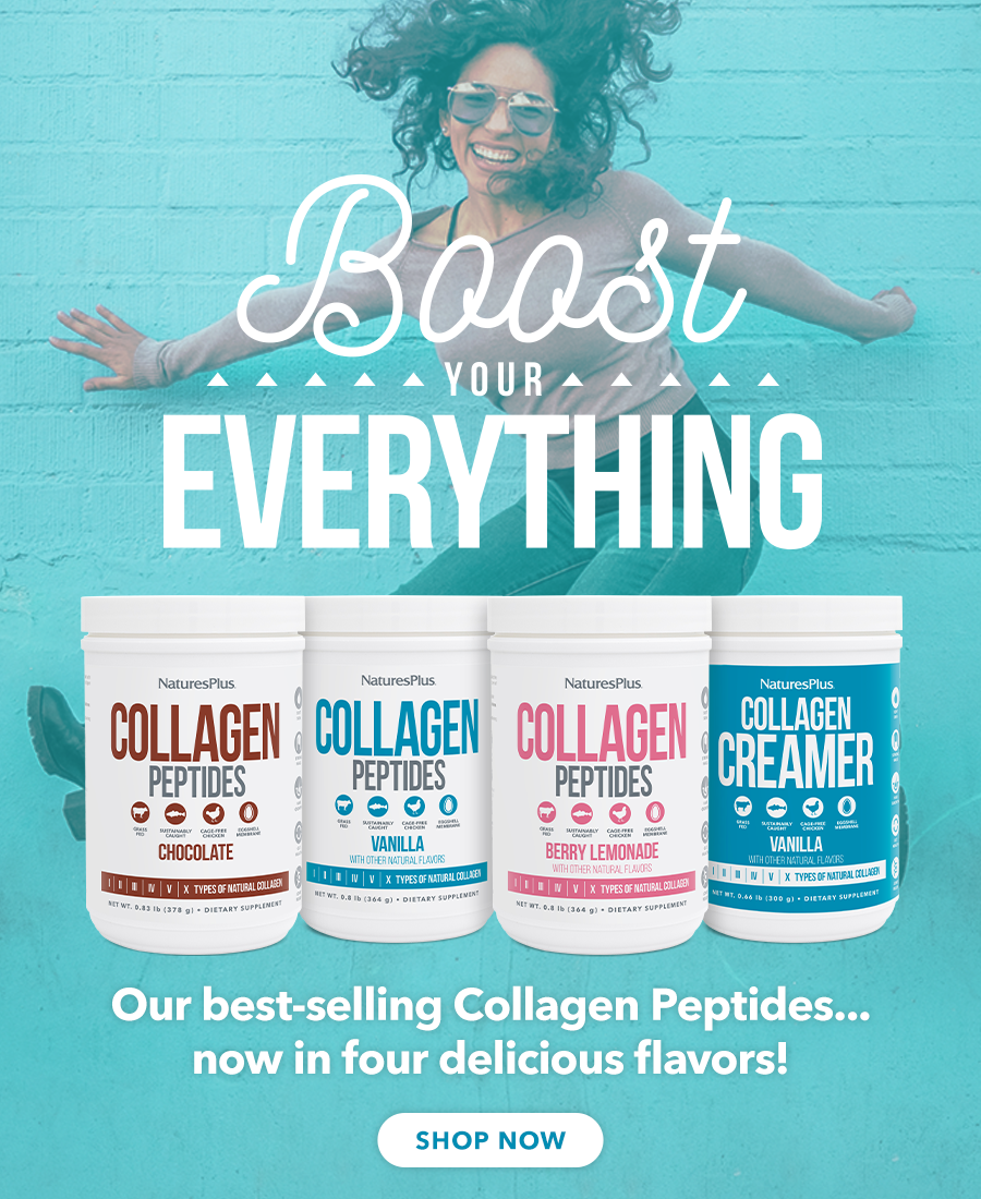 lady jumping next to a brick wall. text on top on the image reads - Boost your everything. naturesplus collagen products on the right. text under the products - Our best selling collagen peptides... now in four delicious flavors. 