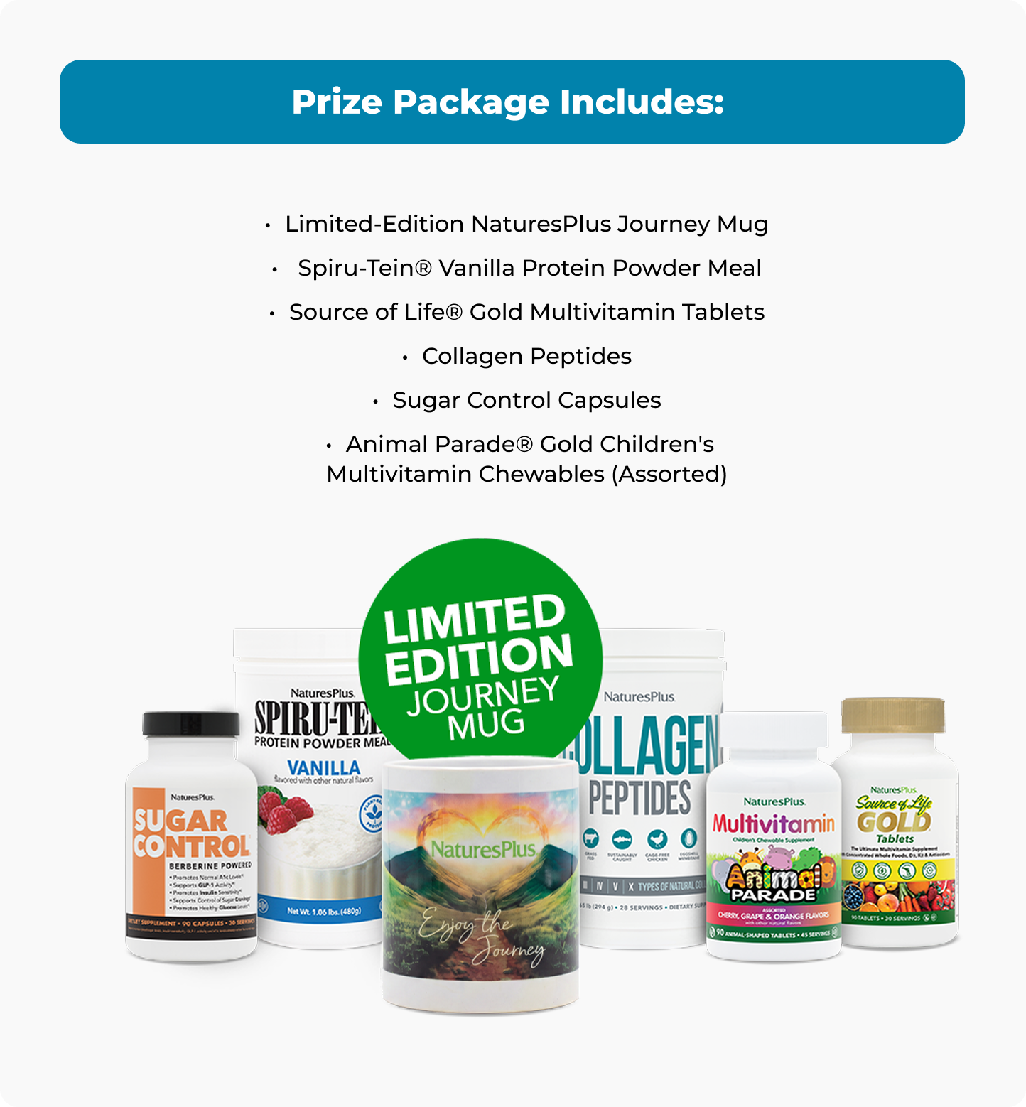 NaturesPlus product lineup featuring a limited-edition Journey mug alongside Sugar Control, Spiru-Tein Vanilla Protein Powder, Collagen Peptides, Animal Parade Multivitamin, and Source of Life Gold tablets. A green badge highlights the “Limited Edition Journey Mug,” showcasing the giveaway prize collection.