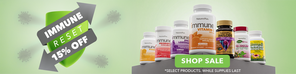 Green Immune Reset banner promoting 15% off select immune support products, featuring a variety of NaturesPlus immune supplements.