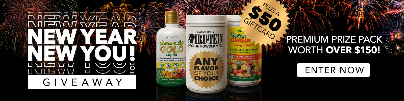 NaturesPlus New Year Giveaway - Win Premium Prize Pack Worth Over $150 Including Source of Life Gold Liquid, Spiru-Tein Protein Powder and Super Origin Energy Shake Plus $50 Gift Card - Enter Now