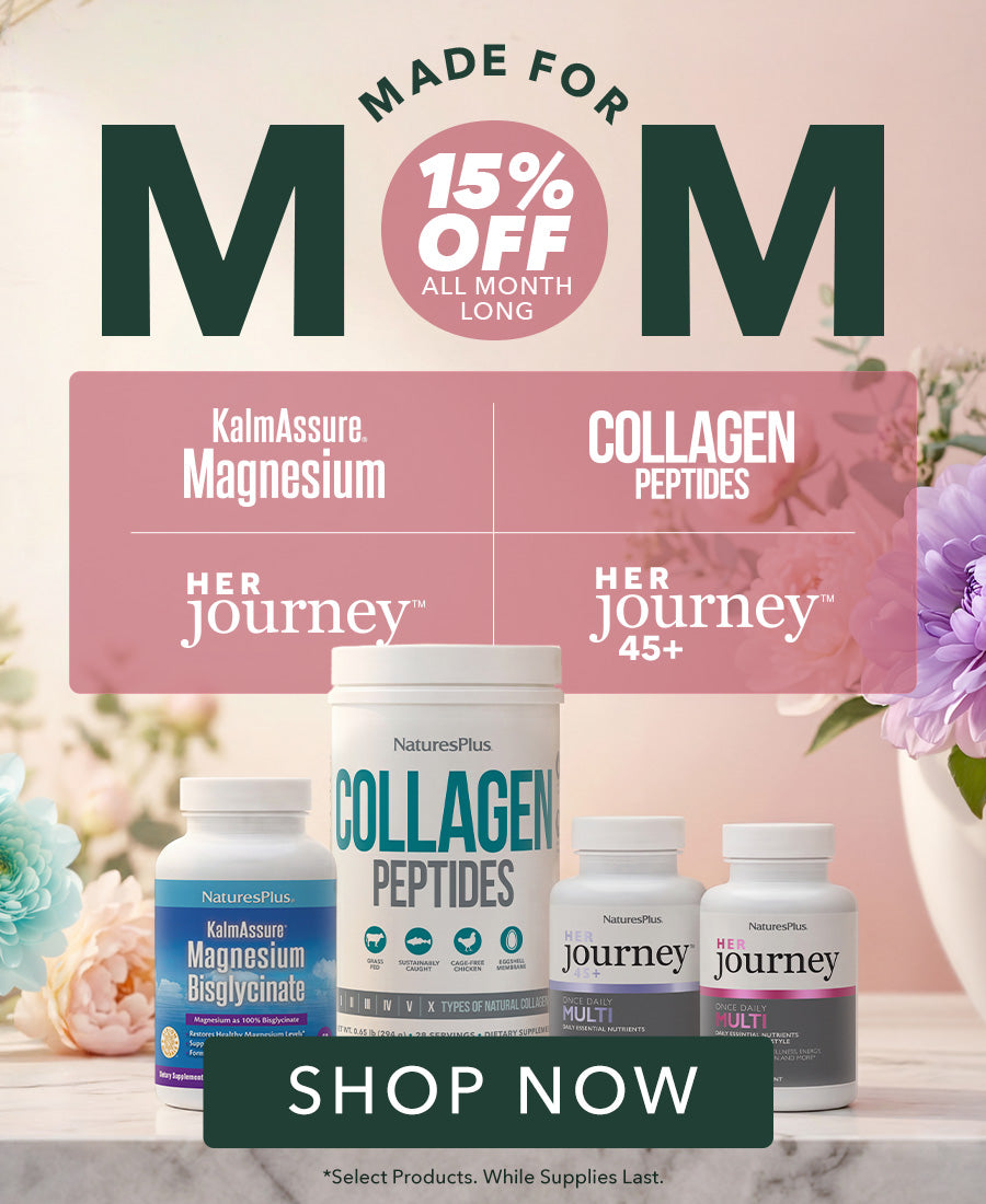 NaturesPlus women’s wellness supplements, including collagen peptides and magnesium, featured in a Mother’s Day month-long promotion banner with a soft floral background.