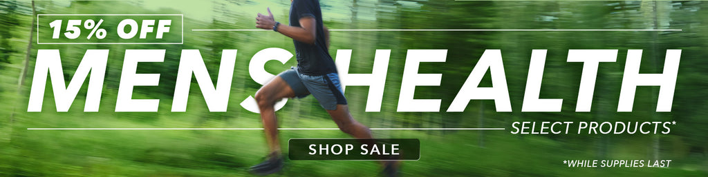 NaturesPlus men’s health sale banner featuring a man running outdoors and 15% off select products promotion.