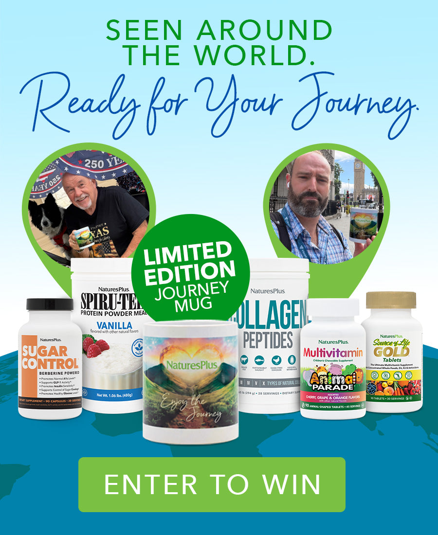 NaturesPlus “Ready for Your Journey” giveaway banner featuring an Enter to Win button, travel-themed customer photos, a limited-edition Journey mug, and a selection of NaturesPlus wellness products.