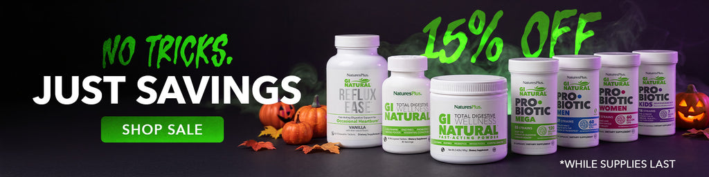 Spooky Halloween-themed sale banner featuring probiotic products, pumpkins, and 15% off savings.