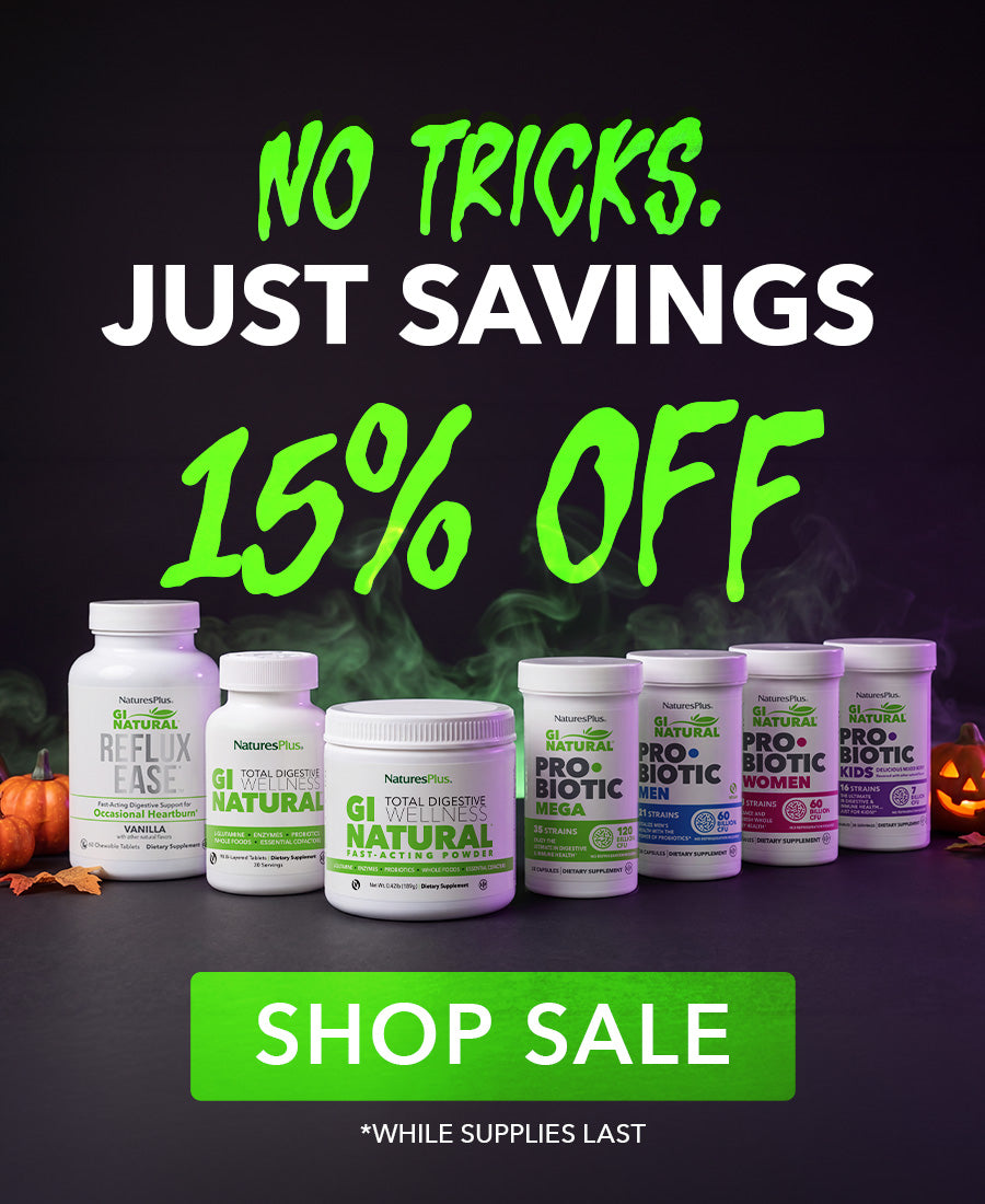 Spooky Halloween-themed sale banner featuring probiotic products, pumpkins, and 15% off savings.