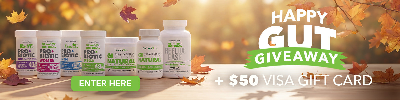 Fall-themed Happy Gut Giveaway banner featuring GI Natural digestive health products, autumn leaves, and a $50 Visa gift card prize.