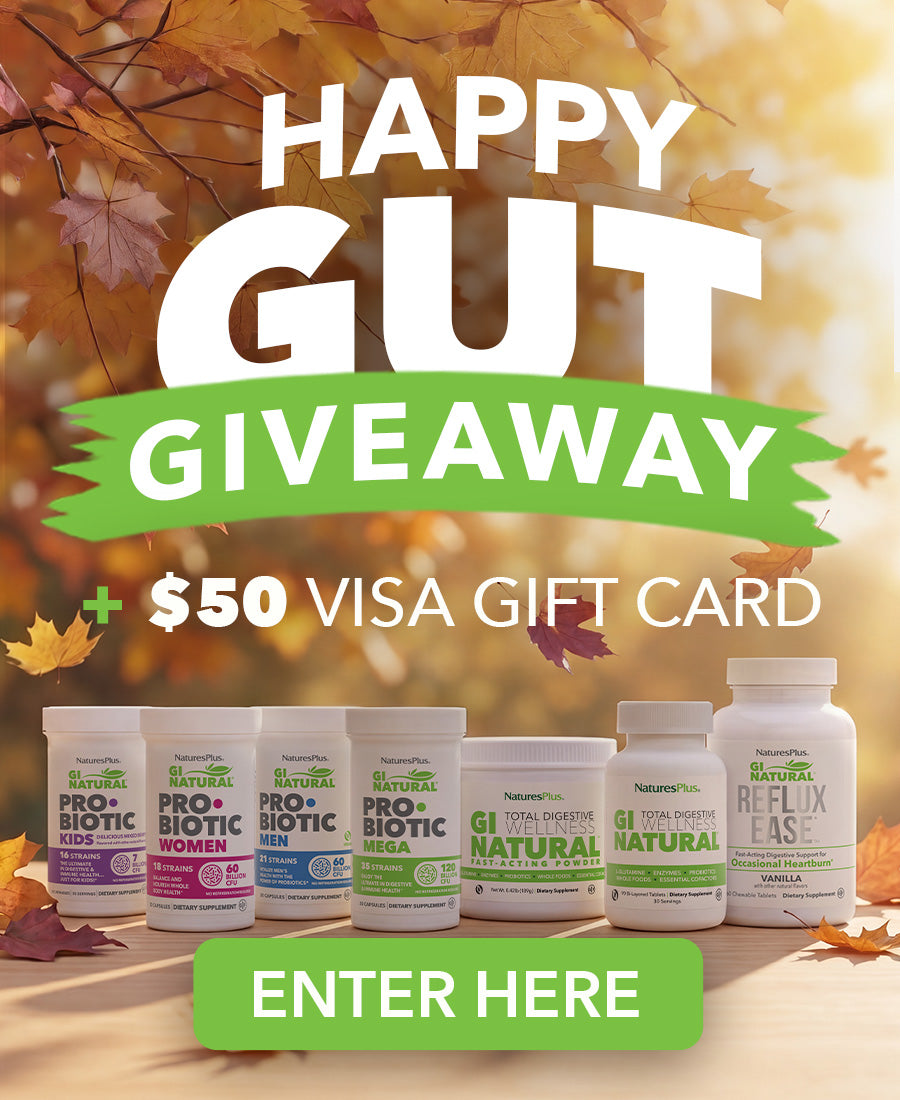 Fall-themed Happy Gut Giveaway banner featuring GI Natural digestive health products, autumn leaves, and a $50 Visa gift card prize.
