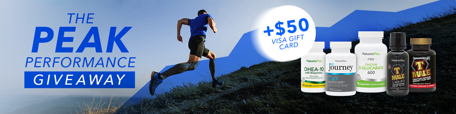 NaturesPlus men’s health sale banner featuring a man running outdoors and 15% off select products promotion.