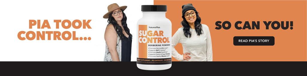 NaturesPlus Sugar Control supplement featured in a promotional banner highlighting a customer before-and-after transformation.

