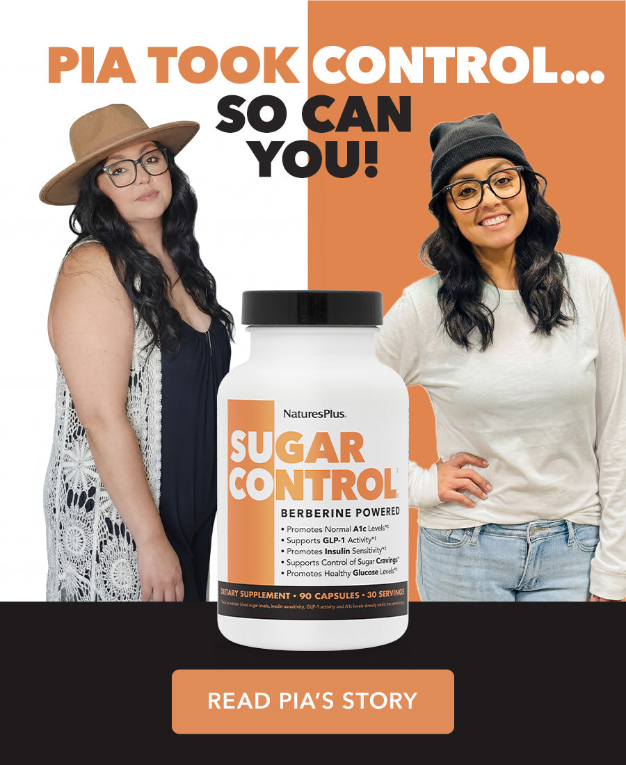 NaturesPlus Sugar Control supplement featured in a promotional banner highlighting a customer before-and-after transformation.

