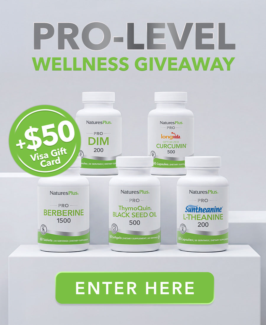 Banner promoting the NaturesPlus Pro-Level Wellness Giveaway with Pro-Level supplements, a chance to win a $50 Visa Gift Card, and an “Enter Here” button