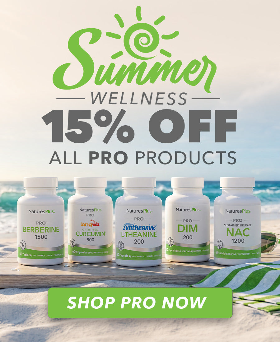 Summer Wellness promotion banner featuring five NaturesPlus Pro supplements displayed on a beach scene, with text reading “15% Off All Pro Products” and a green “Shop Pro Now” button.
