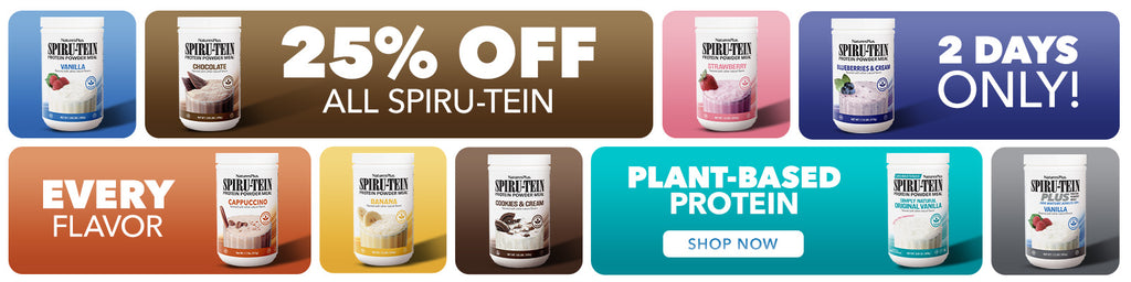 NaturesPlus Spiru-Tein plant-based protein powders featured in a promotional banner highlighting multiple flavors in a vibrant, color-blocked design.