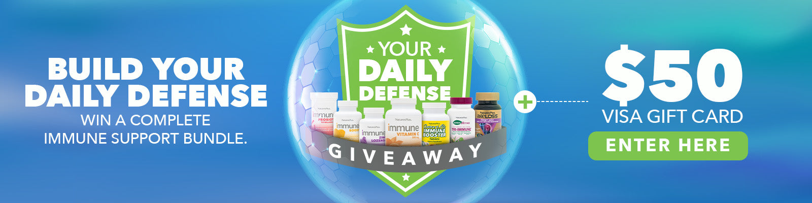 Blue giveaway banner promoting the “Build Your Daily Defense” campaign, featuring an immune support product bundle, a green shield graphic, and a $50 Visa gift card prize.