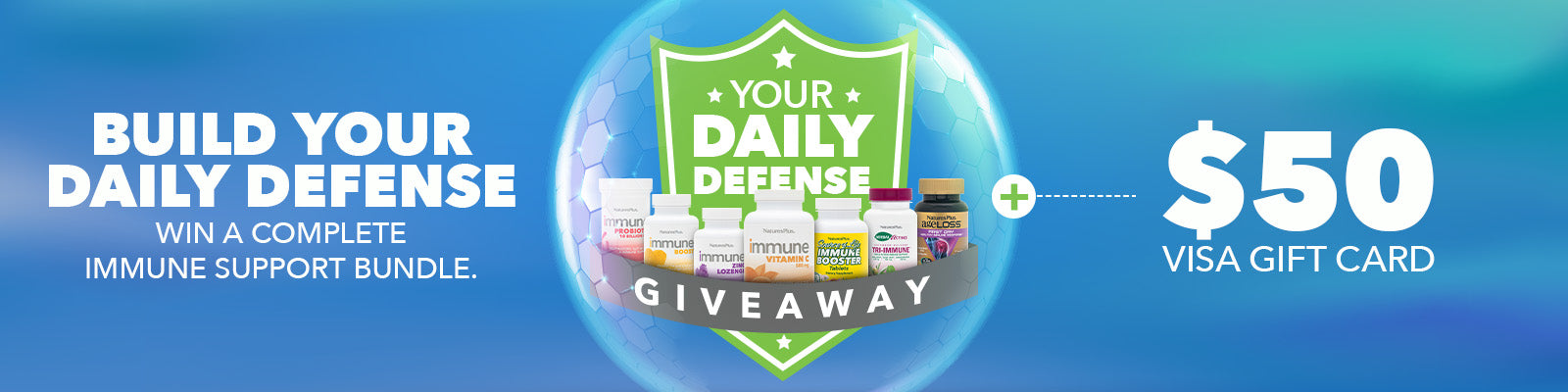 Blue giveaway banner promoting the “Build Your Daily Defense” campaign, featuring an immune support product bundle, a green shield graphic, and a $50 Visa gift card prize.