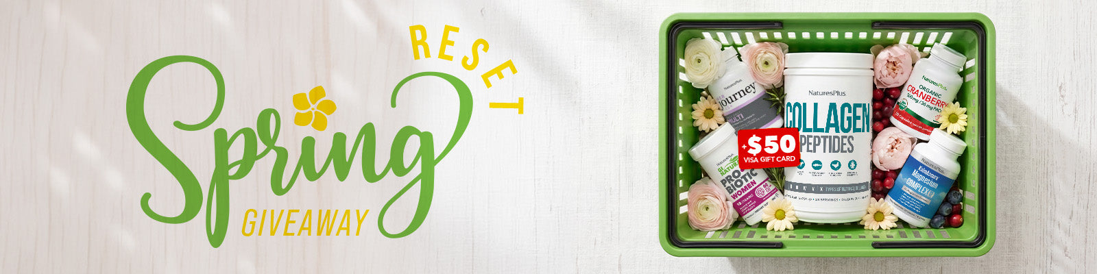 NaturesPlus supplement bundle featured in a spring reset giveaway banner with products arranged in a basket surrounded by flowers and berries.