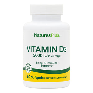 Frontal product image of Vitamin D3 5000 IU Softgels containing 60 Count