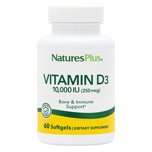 Frontal product image of Vitamin D3 10,000 IU Softgels containing 60 Count