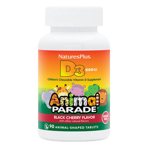 Frontal product image of Animal Parade® Sugar-Free Vitamin D3 500 IU Children’s Chewables containing 90 Count