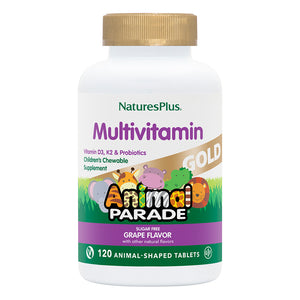 Frontal product image of Animal Parade® GOLD Multivitamin Children’s Chewables - Grape containing 120 Count