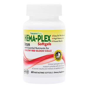 Frontal product image of HEMA-PLEX® Iron Softgels containing 60 Count