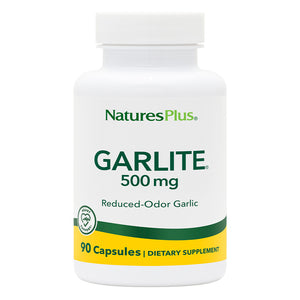 Frontal product image of Garlite® Reduced-Odor Garlic 500 mg Capsules containing 90 Count